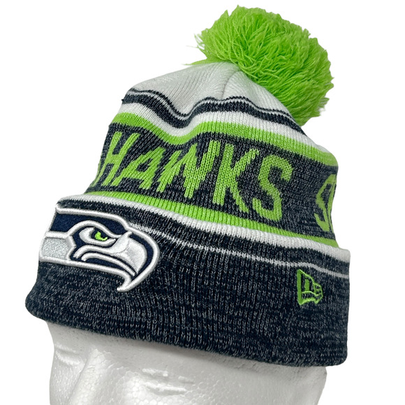 Seattle Seahawks Cuffed Pom Pom Beanie Toque Winter Hat NFL New Era Green - Picture 1 of 9